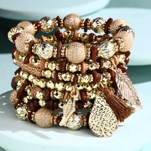 Glamorous Gold & Earth Tone Layered Beaded Bracelet Set w Golden Charms & Tassel